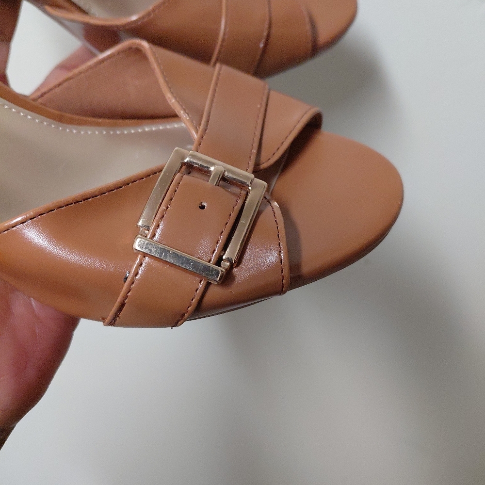 Fioni Camel Colored Brown Faux Leather Buckle Open Toe Heeled Mules 6 - Picture 9 of 13
